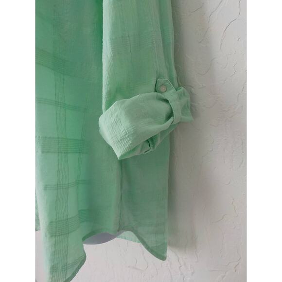 JM Collection Women XL Light Green Tunic Button Up Top Blouse 100% Cotton V-Neck - Picture 7 of 12